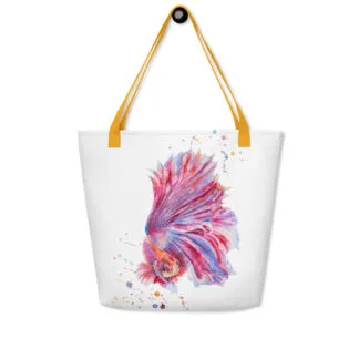 Beach Bag with the print of the pink betta fish watercolor painting.
