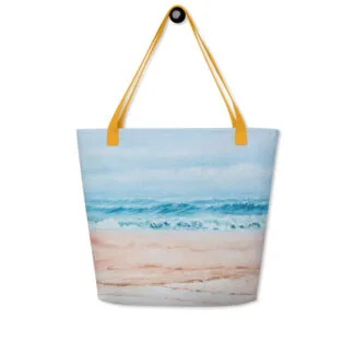 Beach Bag with the print of the sandy beach and the blue ocean “Dream”.