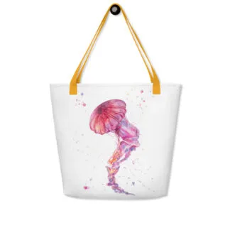 Beach Bag with the animal print of the pink jellyfish watercolor painting.