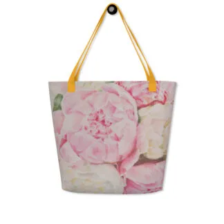 Beach Bag with the print of the pink peony flowers painting “Peonies”.