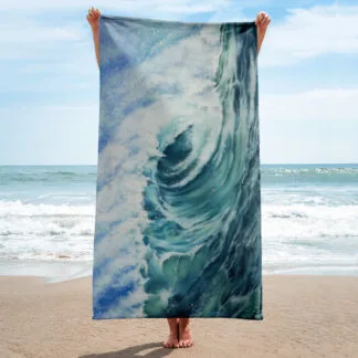 Beach Towel with the print of the large ocean blue and green large wave “Whirlpool of serenity”.