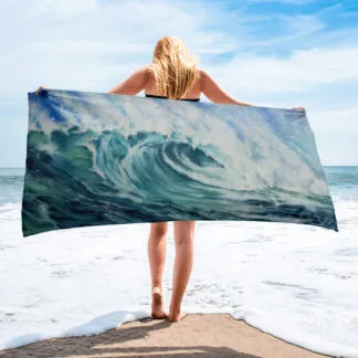 Beach Towel with the print of the large ocean blue and green large wave “Whirlpool of serenity”.