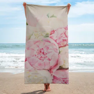 Beach Towel with the print of the pink peony flowers “Peonies”.