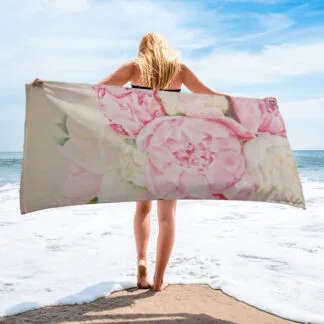Beach Towel with the print of the pink peony flowers “Peonies”.