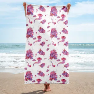 Beach Towel with pink sea animals print “Sea creatures”.