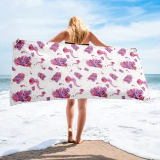 Beach Towel with pink sea animals print “Sea creatures”.