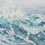 Close-up of ocean wave in watercolor, showcasing the detailed brushstrokes and calming blue tones in the ocean wave."
