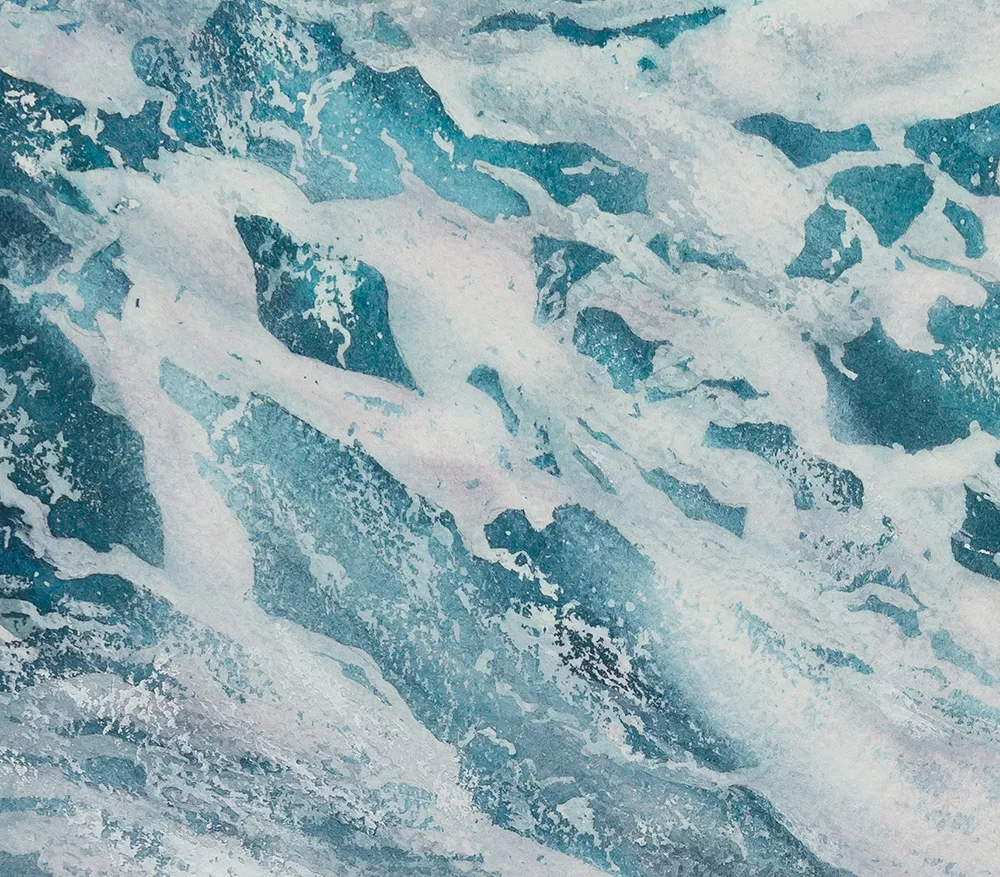 Close-up of ocean wave in soft blue hues, highlighting the tranquility of the watercolor seascape.