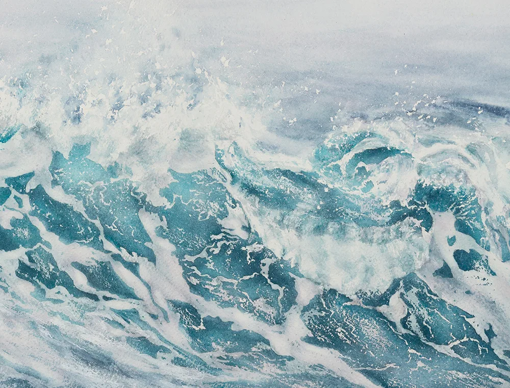 Close-up of ocean wave in watercolor, showcasing the detailed brushstrokes and calming blue tones in the ocean wave."