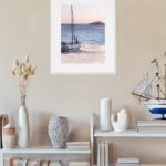 Framed boat seascape watercolor artwork hanging in elegant coastal living room, original nautical painting, calm sea at sunset wall decor, perfect for ocean-themed interior, beach house or sea lover gift.