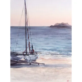 'After Sunset,' a serene seascape watercolor by Kateryna Nazarenko, featuring a boat resting on a sunset beach with calm ocean waters.