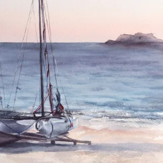 'After Sunset' painting by Kateryna Nazarenko, showcasing tranquil sunset hues, a peaceful catamaran, and a serene French Atlantic seashore.