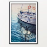 ‘Beginning’ watercolor painting by Kateryna Nazarenko, elegantly framed to highlight the serene yacht at sunrise over calm ocean waters.