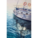Full view of ‘Beginning,’ a watercolor painting of a white yacht floating peacefully on calm blue waters at sunrise.