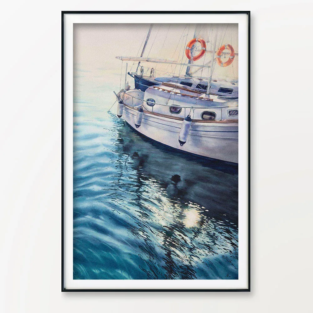 ‘Beginning’ watercolor painting by Kateryna Nazarenko, elegantly framed to highlight the serene yacht at sunrise over calm ocean waters.