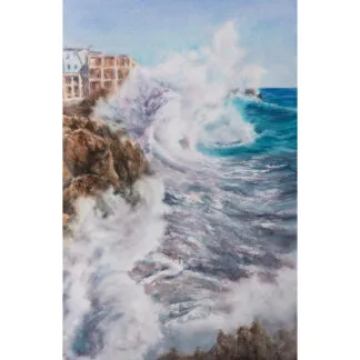 ‘Breaking Wave’ original watercolor painting by Kateryna Nazarenko, capturing a crashing ocean wave.