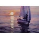 "Calmness" original watercolor sailboat painting by Kateryna Nazarenko, featuring a peaceful yacht on calm sunset ocean waters—perfect coastal wall art