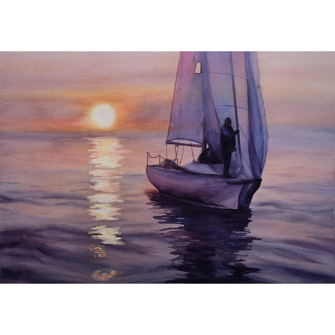 "Calmness" original watercolor sailboat painting by Kateryna Nazarenko, featuring a peaceful yacht on calm sunset ocean waters—perfect coastal wall art