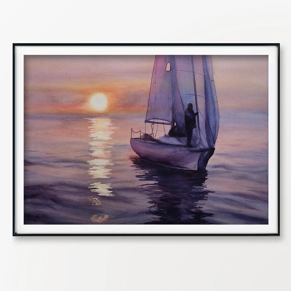 "Calmness" watercolor sailboat painting framed for elegant coastal home decor—perfect nautical wall art.