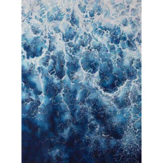 Abstract watercolor painting ‘Deep Blue Sea’ by Kateryna Nazarenko, depicting dynamic ocean waves with foam, perfect for coastal decor.