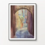 Watercolor cityscape of Bologna, framed on a wall, adding timeless beauty and Italian charm to your living room decor.