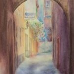 Serene view of Bologna’s streets at dawn, with light filtering through ancient architecture in this original watercolor painting by Kateryna Nazarenko.