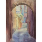 Early morning in Bologna watercolor cityscape, capturing soft light through an arched entrance and a peaceful street in the historic center of Bologna, Italy.