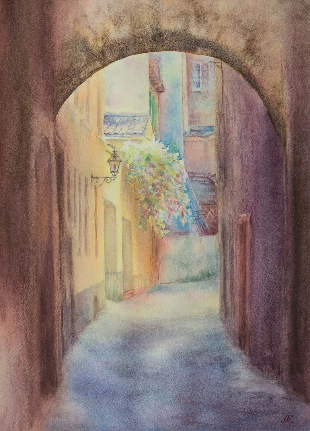 Serene view of Bologna’s streets at dawn, with light filtering through ancient architecture in this original watercolor painting by Kateryna Nazarenko.