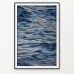 Framed “Evening Mood” watercolor seascape painting on the wall, adding a tranquil, calming vibe to any coastal home