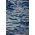 Serene watercolor seascape painting capturing the calm evening ocean with deep blues and soft grays, evoking tranquility and mystery