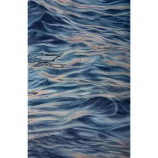 Serene watercolor seascape painting capturing the calm evening ocean with deep blues and soft grays, evoking tranquility and mystery