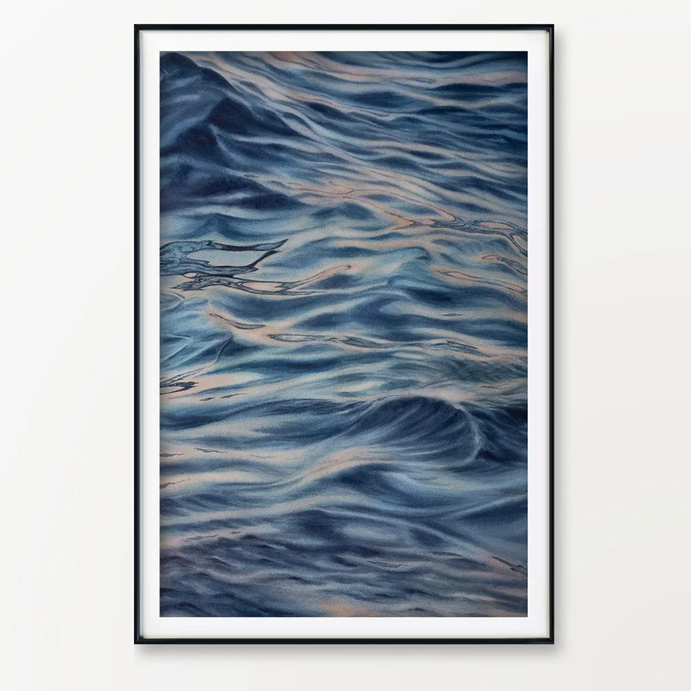Framed “Evening Mood” watercolor seascape painting on the wall, adding a tranquil, calming vibe to any coastal home