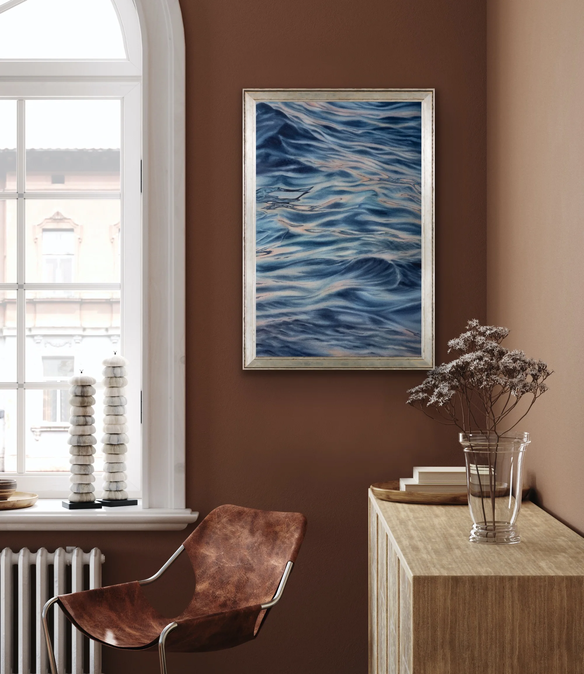 “Evening Mood” watercolor seascape framed in a contemporary living room, enhancing the serene atmosphere of the space