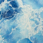 Close-up of flowing blue tones in 'Ocean Blues' abstract seascape painting.