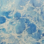 Detailed view of foam on ocean waves in 'Ocean Blues' watercolor painting