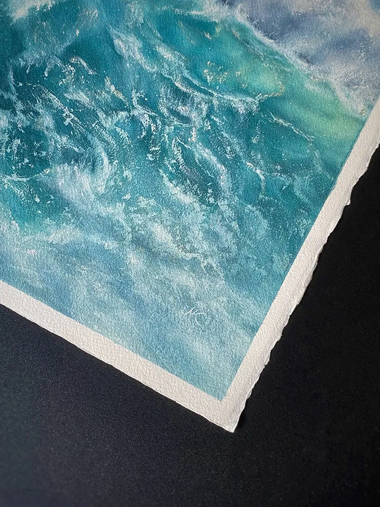 Artist Kateryna Nazarenko’s signature on the corner of ‘Storm,’ a dramatic watercolor seascape.