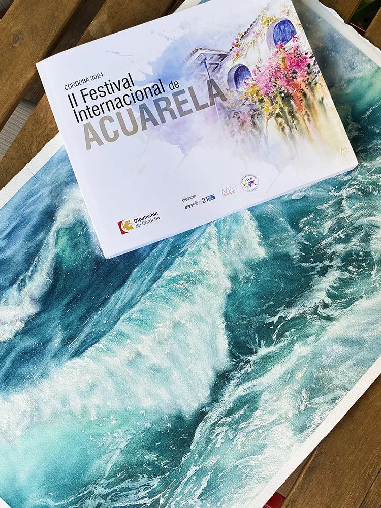 ‘Storm’ by Kateryna Nazarenko displayed at the Exhibition catalogue. This original watercolor seascape captivates with its dynamic depiction of powerful ocean waves, showcasing the artist’s mastery in expressing nature’s raw energy.