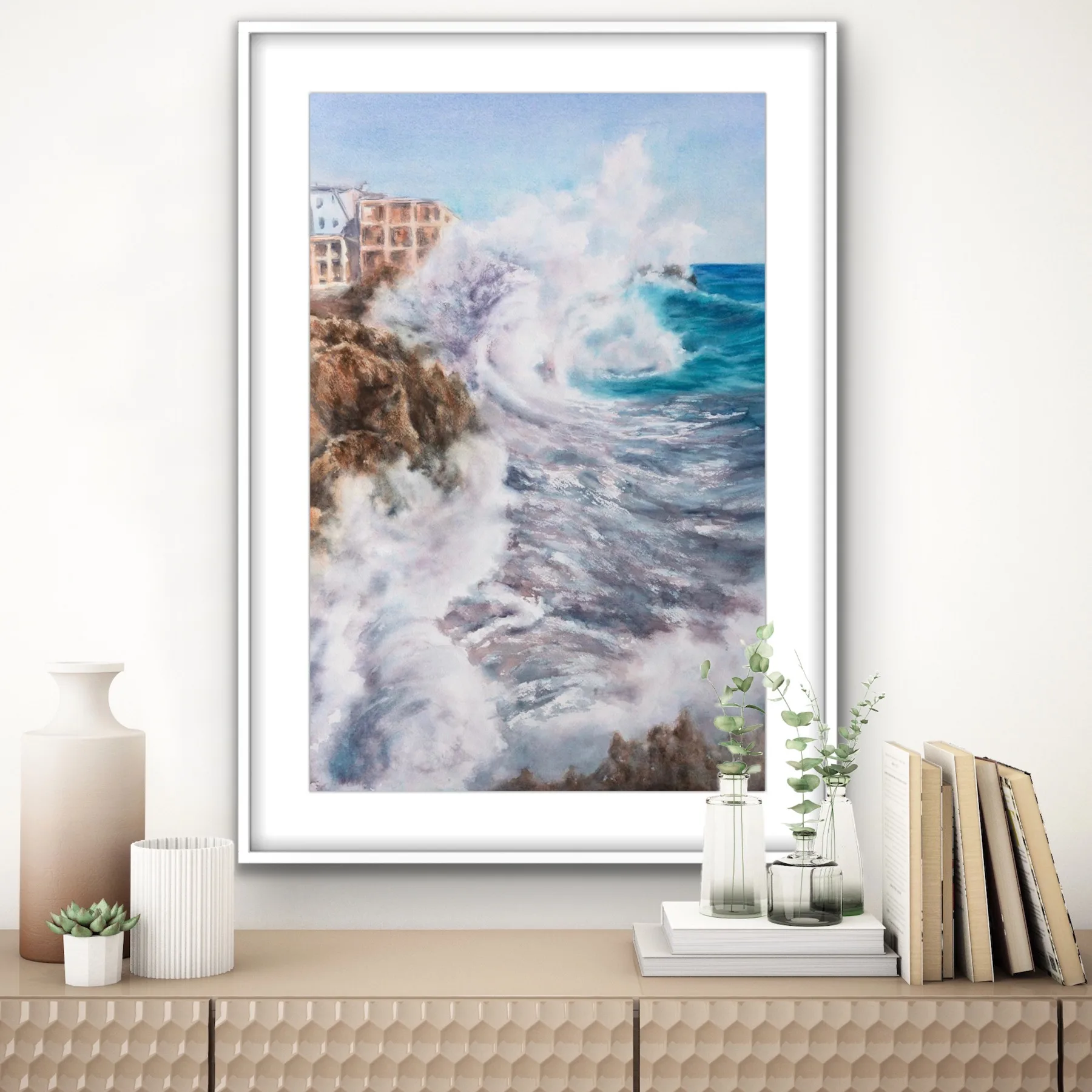 ‘Breaking Wave’ painting in a coastal home, displayed above a wooden commode for marine-themed decor. wave