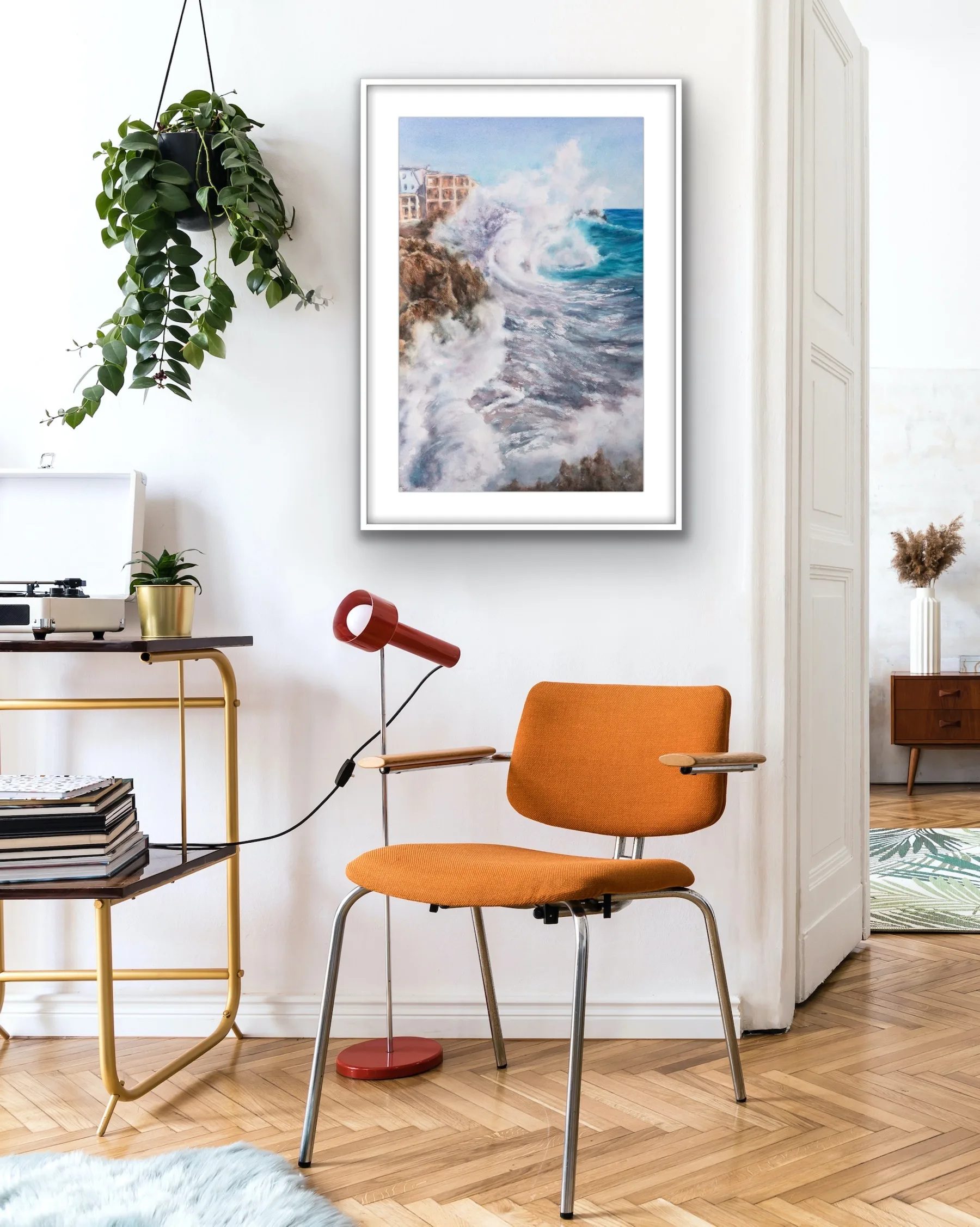 Framed ‘Breaking Wave’ displayed in a calming home office with oceanic decor accents.