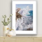 ‘Breaking Wave’ framed above a neutral shelf, complementing marine-themed decor in a living space.
