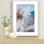 ‘Breaking Wave’ framed above a neutral shelf, complementing marine-themed decor in a living space.