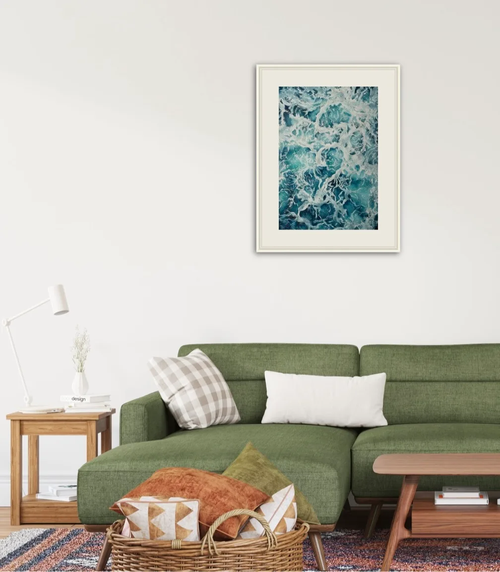 Framed 'My Heart Belongs to the Sea' in a bright, airy living room, complementing coastal decor.
