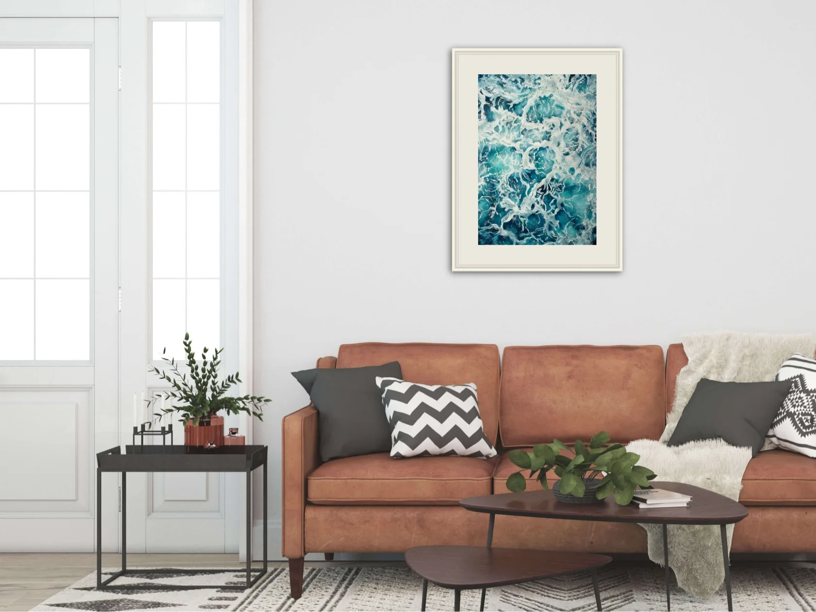 'My Heart Belongs to the Sea' framed above a living room sofa, enhancing coastal home decor with its calming ocean tones.