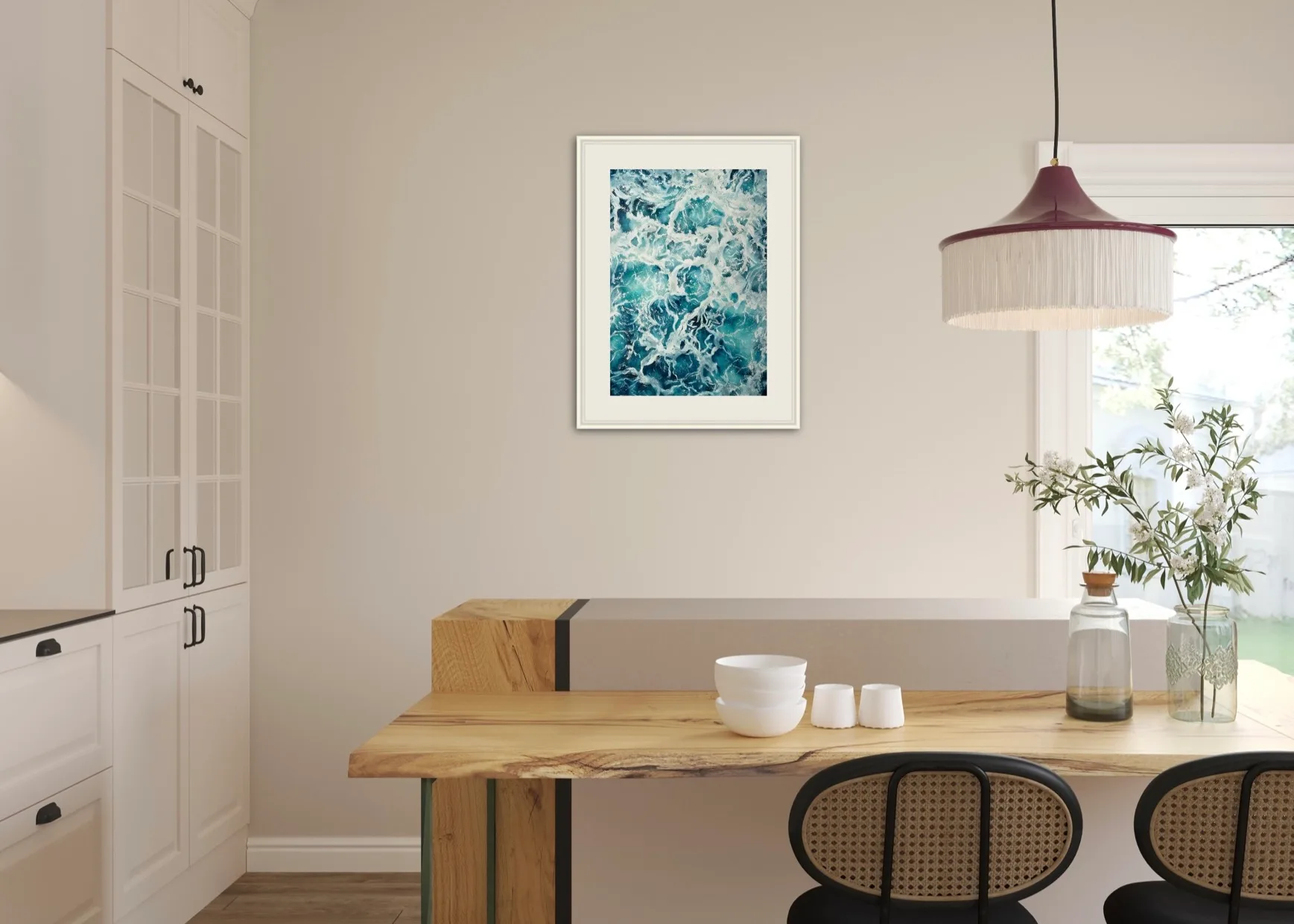 ‘My Heart Belongs to the Sea’ on a coastal kitchen wall, adding ocean serenity to the space.