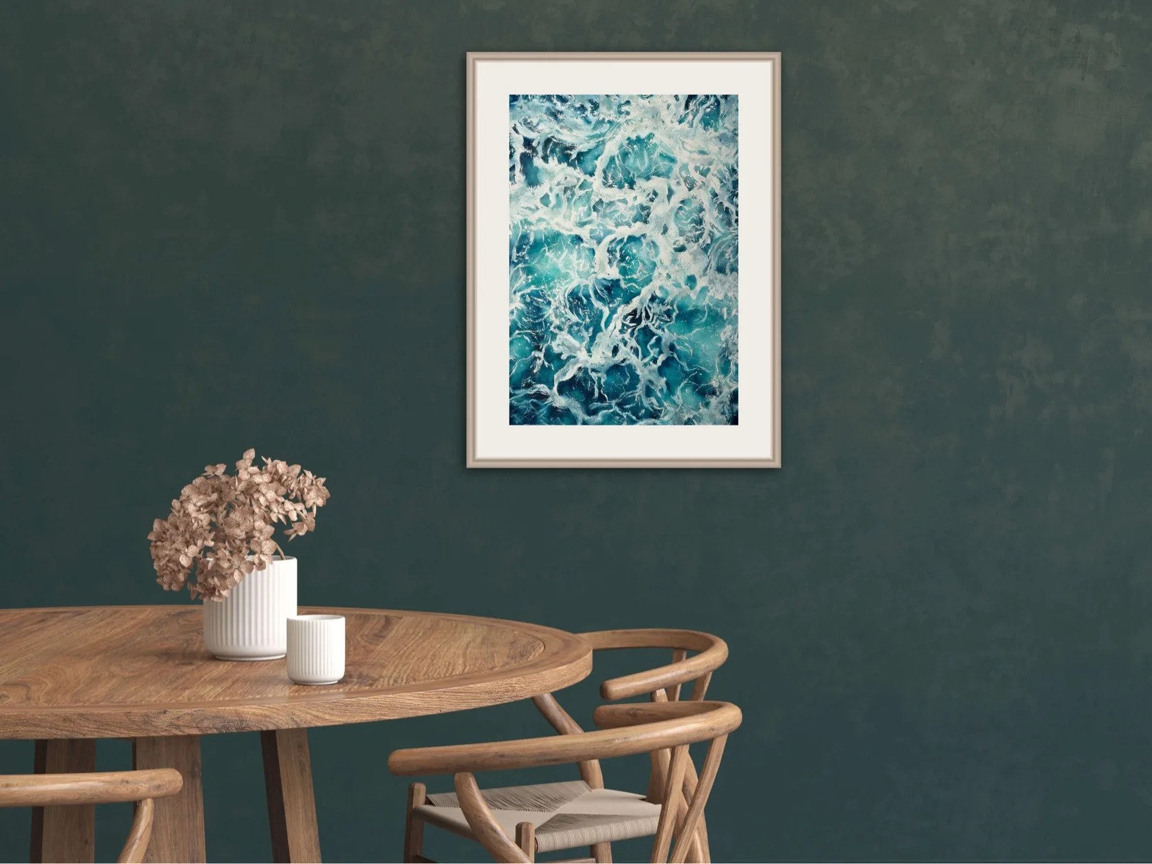 Kateryna Nazarenko’s ocean artwork in a contemporary dining room, adding a touch of the sea.