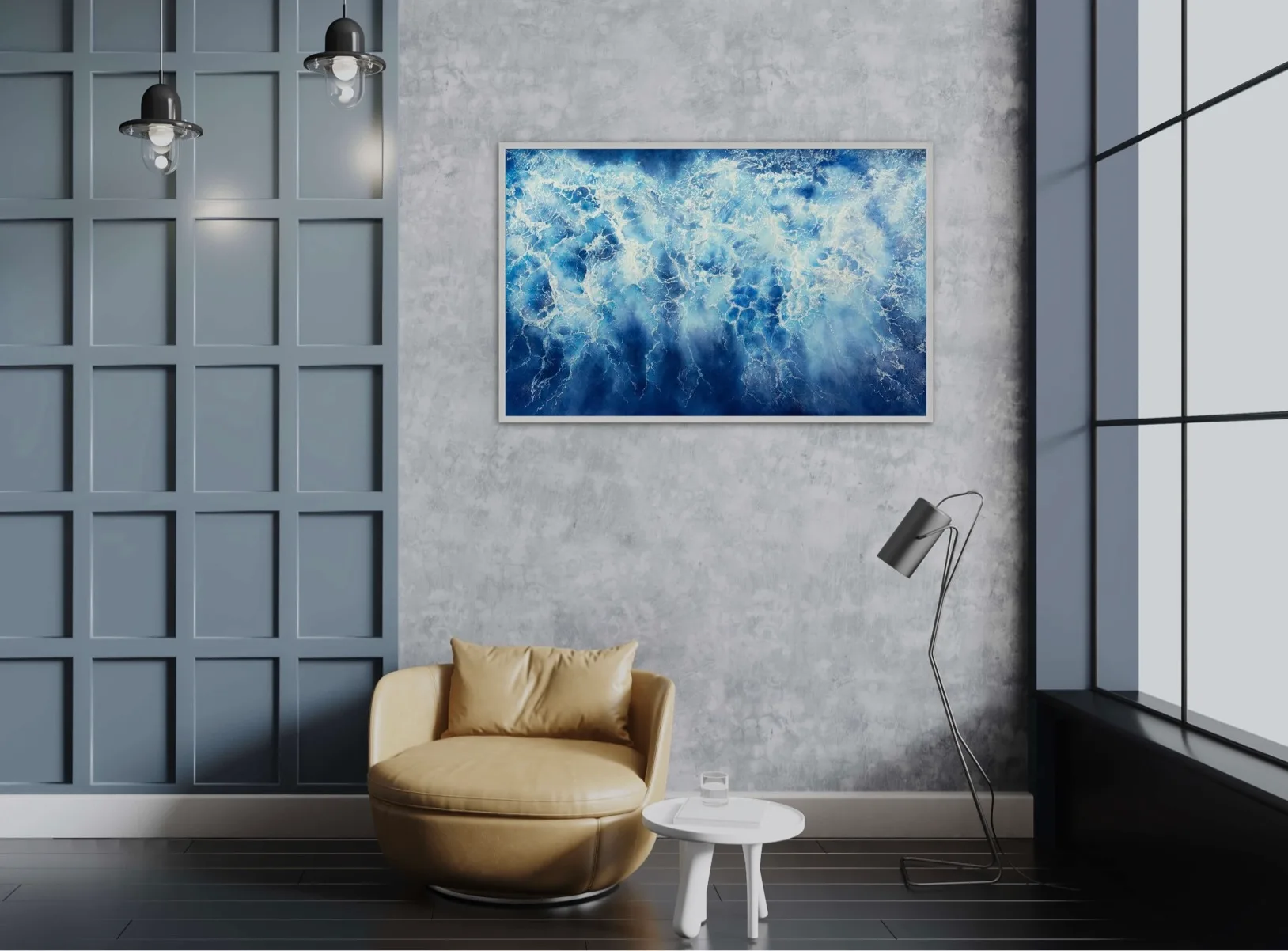 Abstract ocean painting 'Ocean Blues' displayed in a contemporary living room with soft lighting.