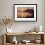 Warm watercolor seascape displayed above a console table, perfect for a transitional home.