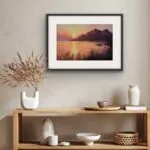 Warm watercolor seascape displayed above a console table, perfect for a transitional home.