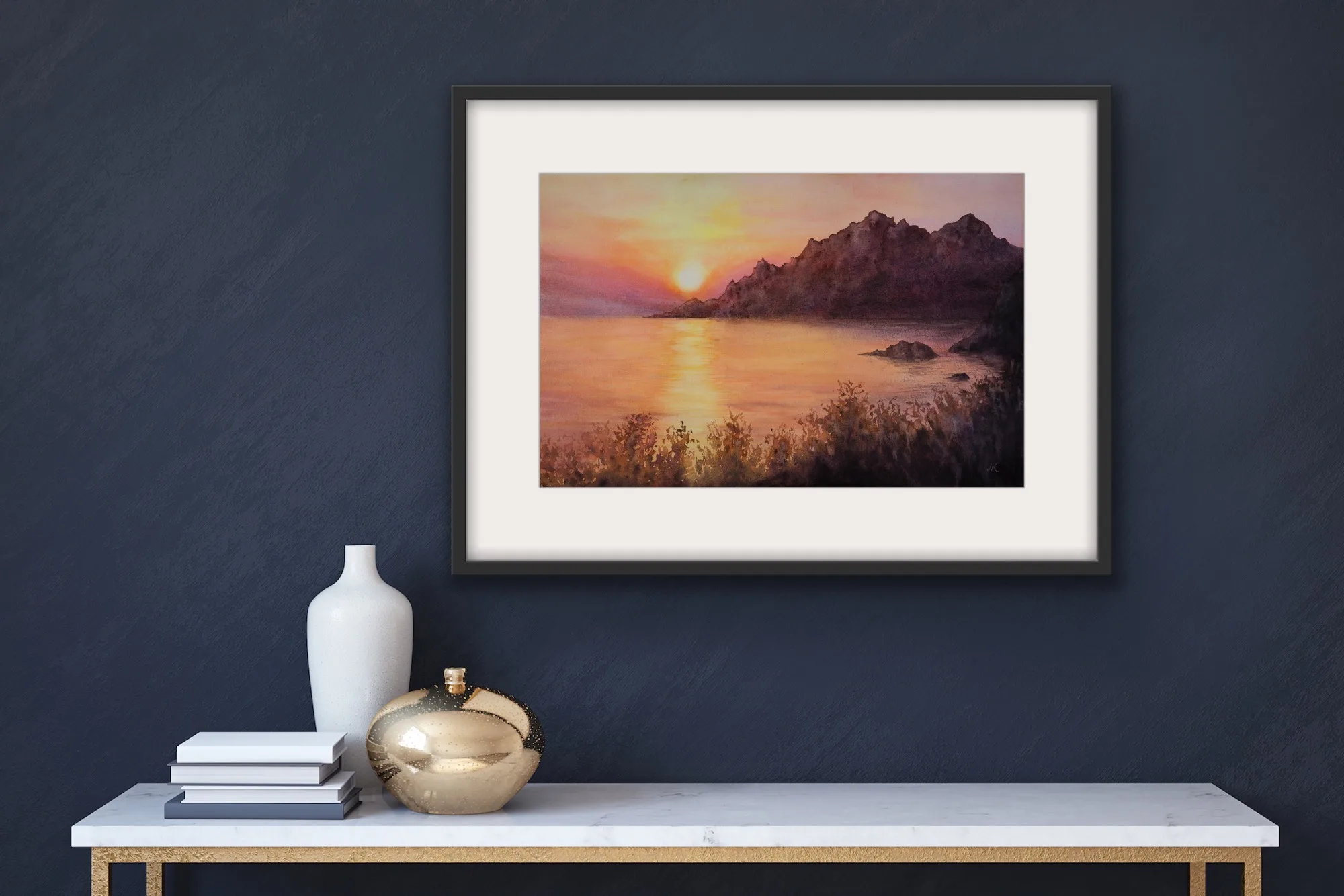 Elegant framed artwork Sunset on the Corsica coast - displayed in a living room, enriching the ambiance with its sunset tones and tranquil coastal vibes.