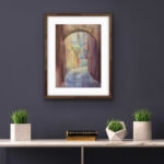 Watercolor painting of Bologna in the soft light of early morning, beautifully framed above the shelf, creating a calming atmosphere.